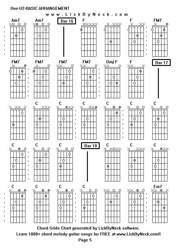 Chord Grids Chart of chord melody fingerstyle guitar song-One-U2-BASIC ARRANGEMENT,generated by LickByNeck software.